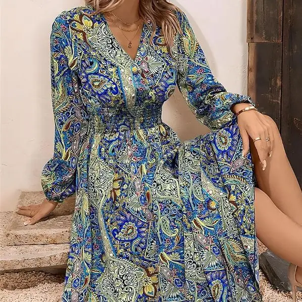  Autumn New Women's Fashion Style Elegant V-neck Long Sleeve Mid length Dress Loose Ethnic Style Print Big Swing Dress