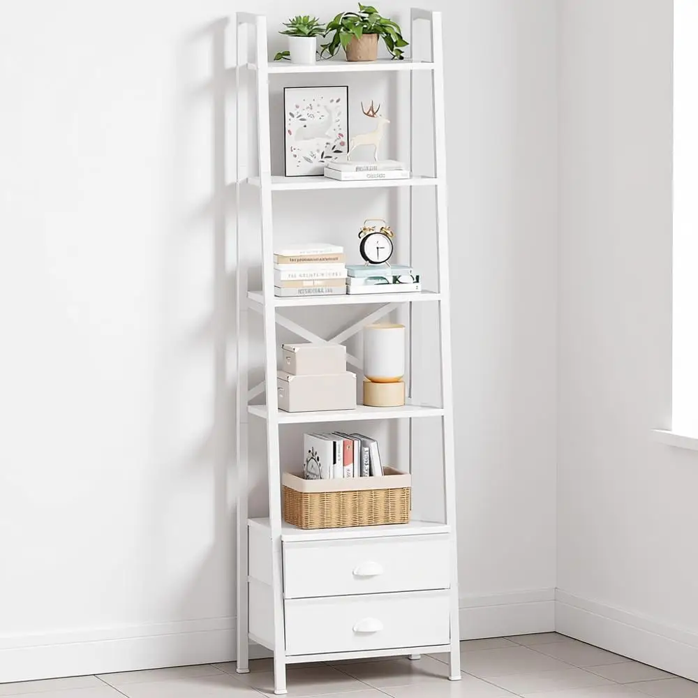 

5-Tier Ladder Shel with 2 Drawers, Narrow Book Shel Storage Shelves, Industrial Bookcase Standing Rack Units for Bedroom, Living