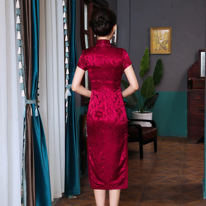 New Festive Jacquard High Quality Real Silk Cheongsam Qipao Women's Dress Improved Banquet Fashion Mid-Length Short Sleeve Robe