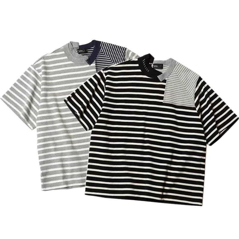 

Kolor 22SS Double Color Stripe Patchwork Asymmetrical Cut round Ne ort Sve T-irt Loose Fit Youthful Summer Faion
