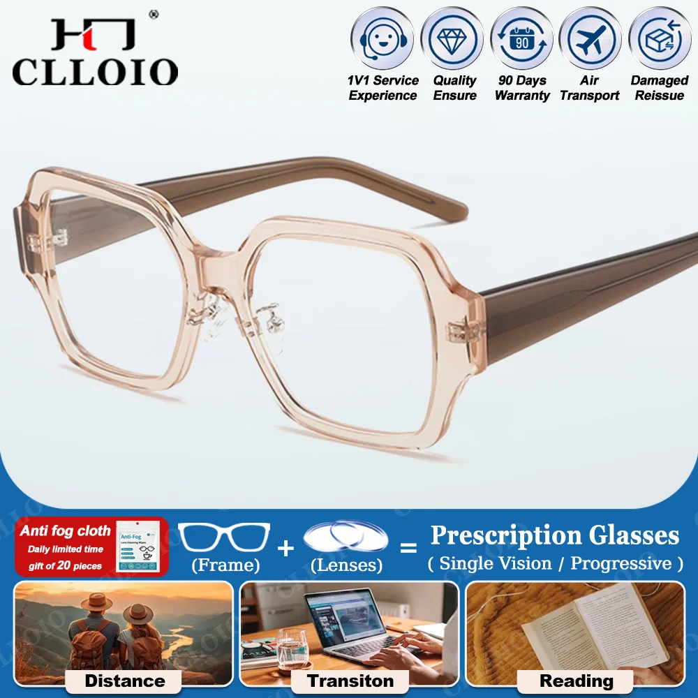 

CLLOIO Fashion Polygonal Myopia Prescription Glasses Women Acetate Large Frame Blue Light Filter Optical Progressive Eyeglasses