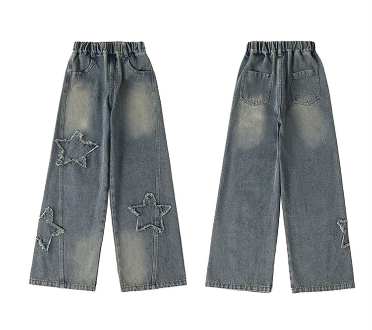 High-Waist-Jeans für Mädchen, gerade geschnittene, lockere Weitbein-Hosen, Frühling und Herbst, koreanische Vintage-Jeans, modische Kinder-Denim-Hosen für Teenager. – Detail 9