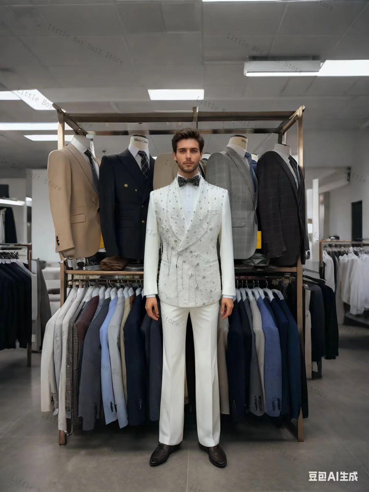 

White Crystals Men Suit Set 2 Piece Jacket Blazer Pant Wedding Tuxedo High Quality Cotton Formal Office Party Coat Customized