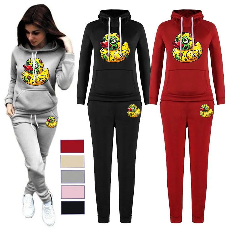 طقم رياضي نسائي للخريف/الشتاء: طقم مكون من قطعتين بقلنسوة وسويت شيرت وسروال مطبوع عليه رسوم كرتونية - ملابس رياضية عصرية #1