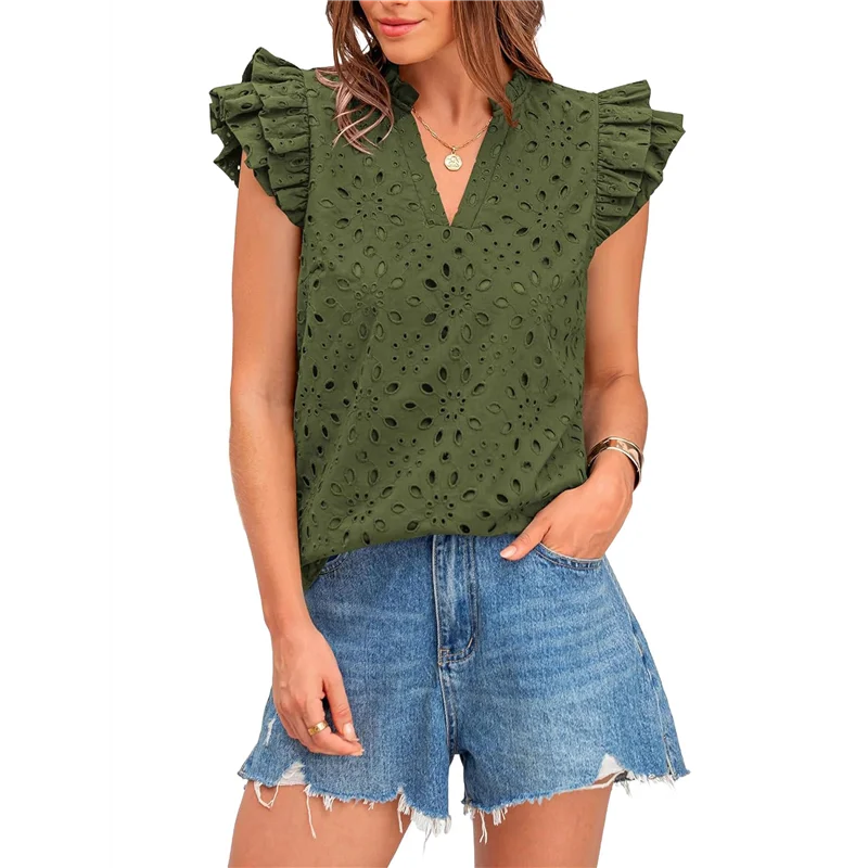 

A83F-Женские летние топы с люверсами, нарядные повседневные хлопковые рубашки с v-образным вырезом и рюшами на рукавах в стиле бохо, кружевные блузки с вышивкой