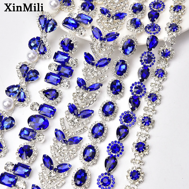 1 Yard Sapphire Leaf Rhinestone Trim Flower Crystal Metal Chain Sew on Women Dress Clothing Shoes Ornament Accessories