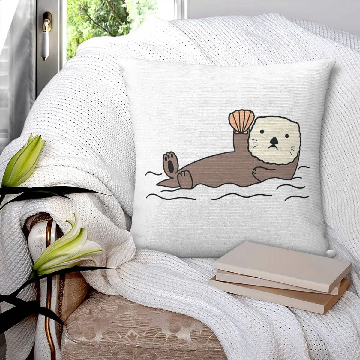 Cute Sea Otter Bucket Hat40 Square Pillowcase Pillow Cover Polyester Cushion Zip Decorative Comfort Throw Pillow for Home Car