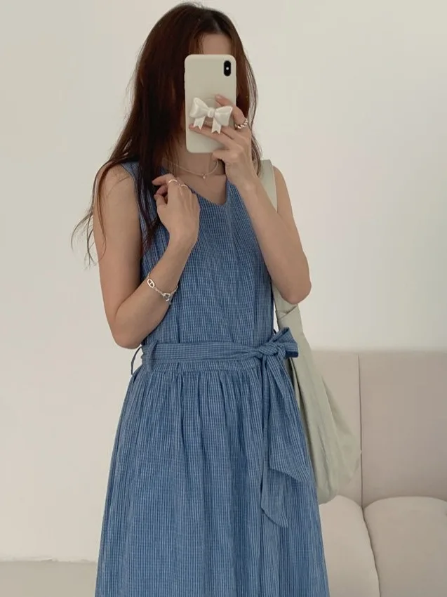 InsV-Ne Kolorowa Krata Kamizelka Dr Damska Letnia Nowa Retro Przeciwstarzeniowa Spódnica Długa z Paskiem w Talii Bez Rękawów Dzianinowa Dr