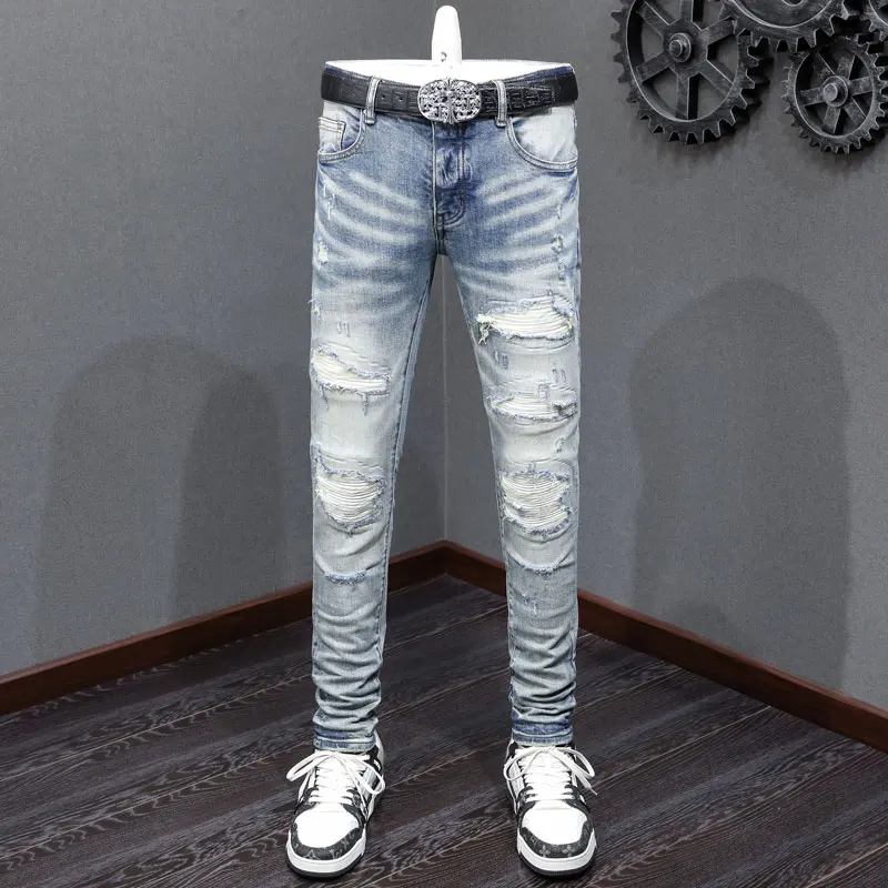 

High Street Fashion Men Jeans Retro Light Blue Stretch Skinny Fit Ripped Jeans Men White Patched Brand Designer Hip Hop Pants