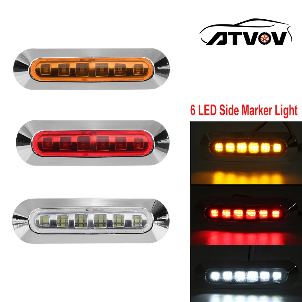 ATVOV 2pcs 12V 24V 6 LED Chrome Bezel Side Marker External Clearance Lamp Indicator Warning Rear Tail Light Trailer Truck Lorry