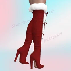 Red Fluffy Decor Pointed Toe Boots Knee High Over The Knee Shoes for Women High Heels Sexy Lady Shoes 2024 Zapatos Para Mujere