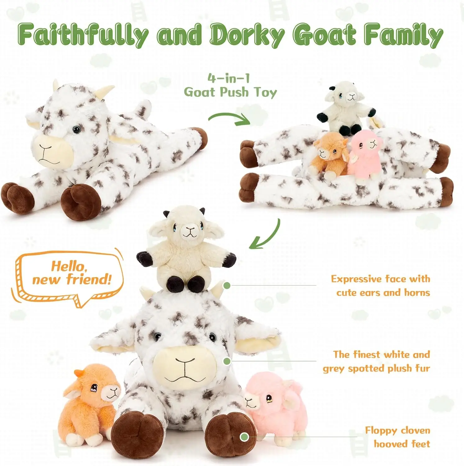 21.7 Inch Big Goat Stuffed Animal with 3 Cute Stuffed Goat Babies Inside for Age 3+ Kids, Goat Stuffed Goat Plush Toy Set