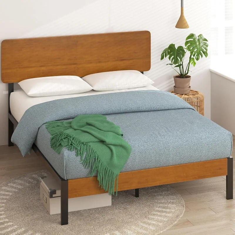 

Olivia Metal and Bamboo Platform Bed Frame, No Box Spring Needed, Wood Slat Support, Easy Assembly, Queen