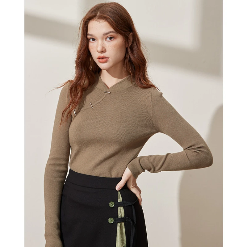 Pullover Women's SolidColor Chinese Retro Stand Collar Sweater New Slim Bottoming Sweater Simple All-Match Spring and Autumn 1Pc