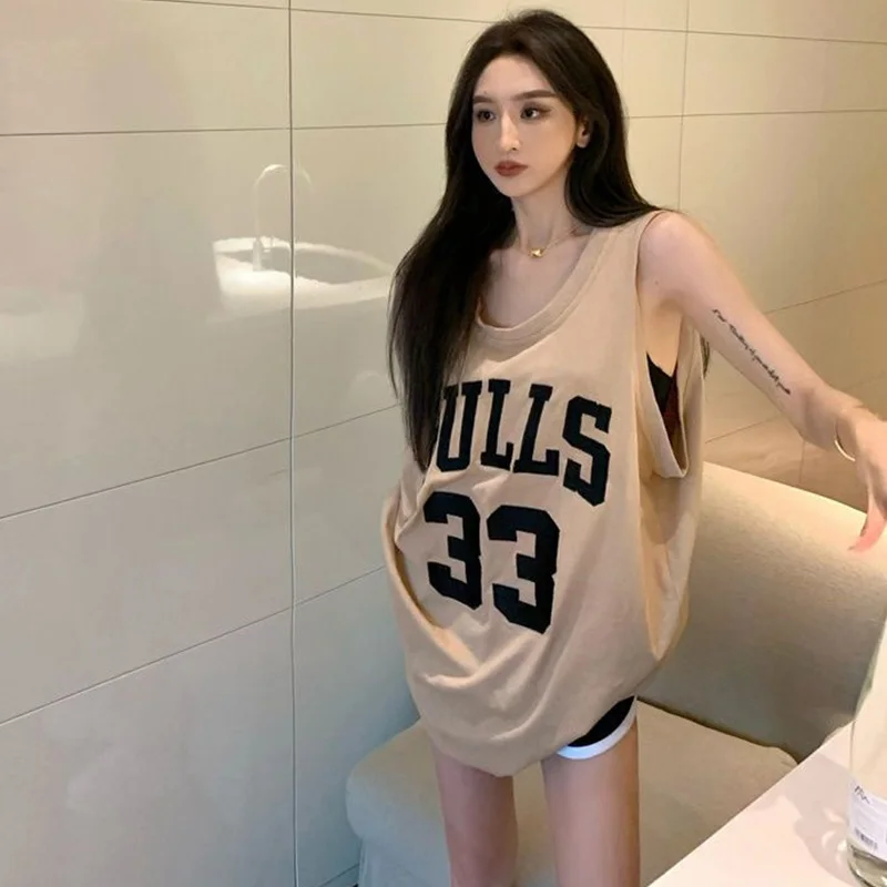 2023 neue Sommer lässig drucken O-Ausschnitt ärmellose Leibchen Femme Einfachheit Brief lose dünne Top T-Shirt Frauen Kleidung Trend Tops