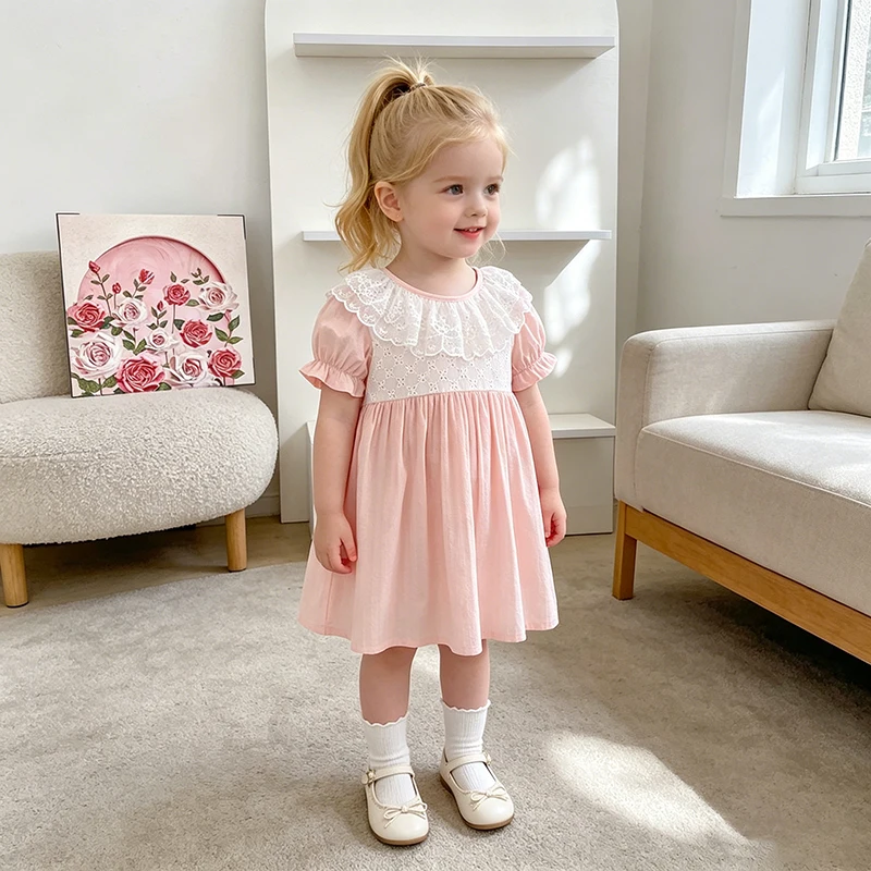 2026 New Summer 2-6Yrs Bubble Short Sleeve Dress Floral Print Lace Collar Cotton Sweet Dress Girls Children Dress