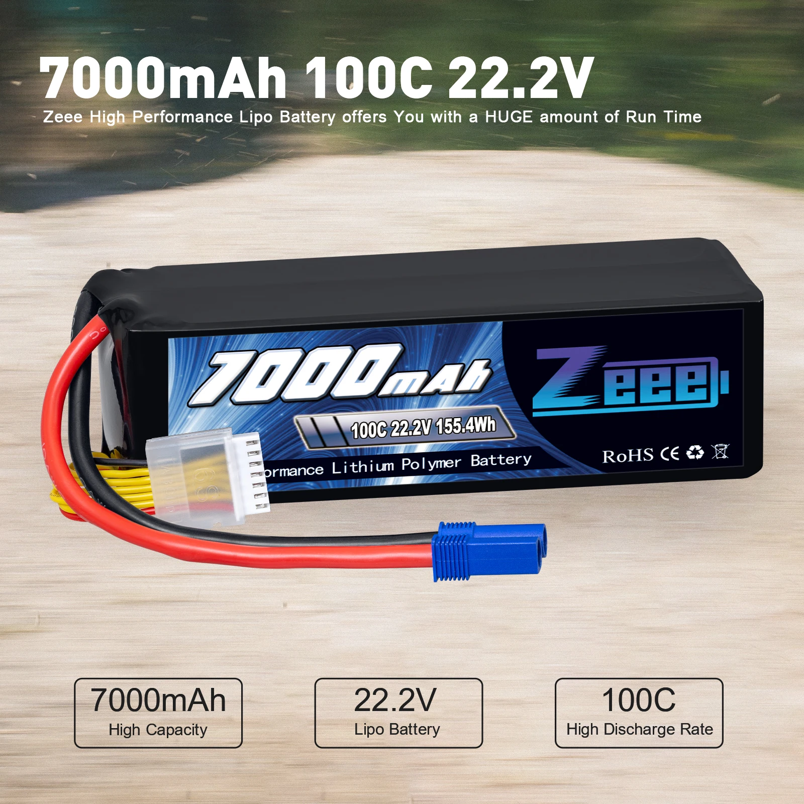 Bateria Zeee-Lipo com Plugue EC5, Peças de Bateria para Carro RC, Caminhão, Tanque, Racer, Hobby, Zangão FPV, 4S, 6S, 22,2 V, 100C, 7000mAh, Softcase, 2PCs