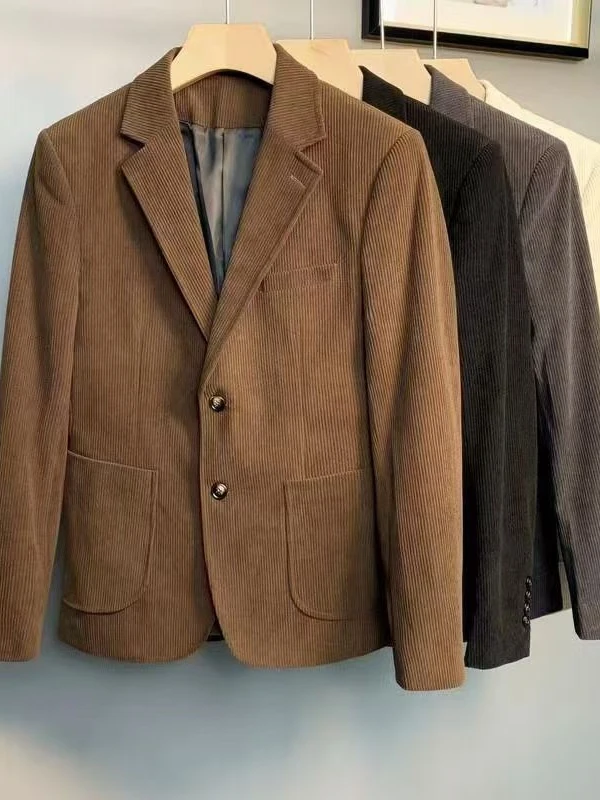 

Warm Retro Men's Velvet Suit Jaet Pure Color Casual Faion Ci Sle Autumn Winter Thiened Long Sve Button Decorated