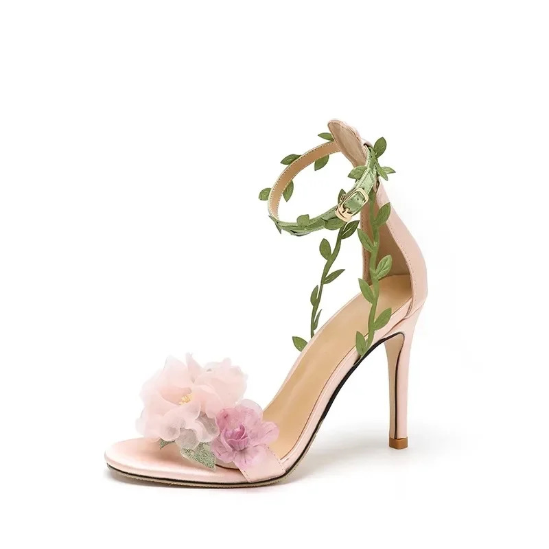 2024 New Pink Chiffon Flower Manor Wedding Shoes 35-40 Open Toe Vine Strap Sandals 8cm/10cm Thin High Heels Bridesmaid Shoes