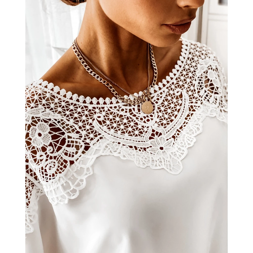 Sexy Hollow Out Contrast Lace Long Sleeve White Top for Women Fashion Casual Round Neck Shirts Spring Summer Femme Blouse