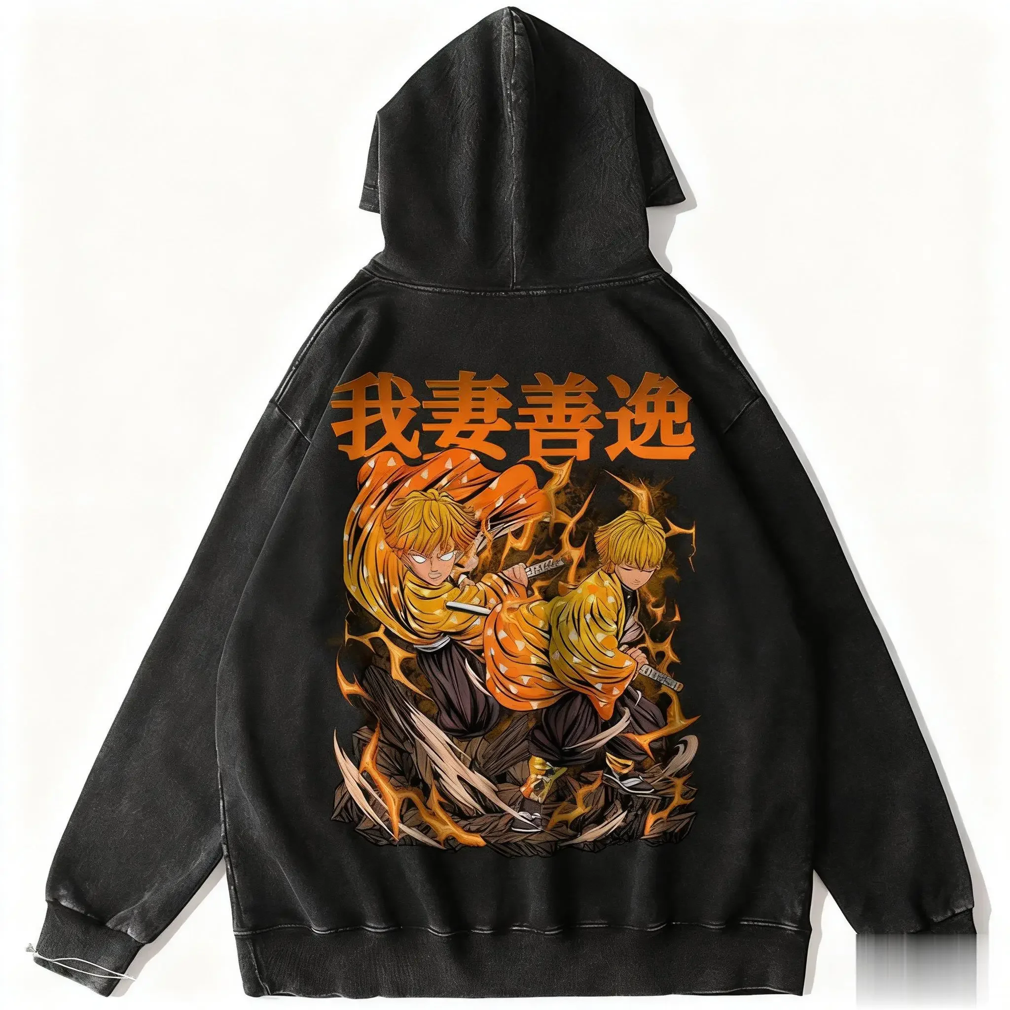 

Demon Slayer Zenitsu Anime Hoodie Pullover Men Women Vintage Washed Hooded Sweatshirt Streetwear Casual Graphic Print Tops Y2k