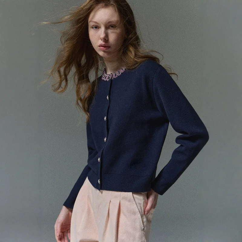 

Ele Simple Handmade Knitted Pure Color round Ne Open Cardigan Outerwear for Women Sli Autumn Faion 2025