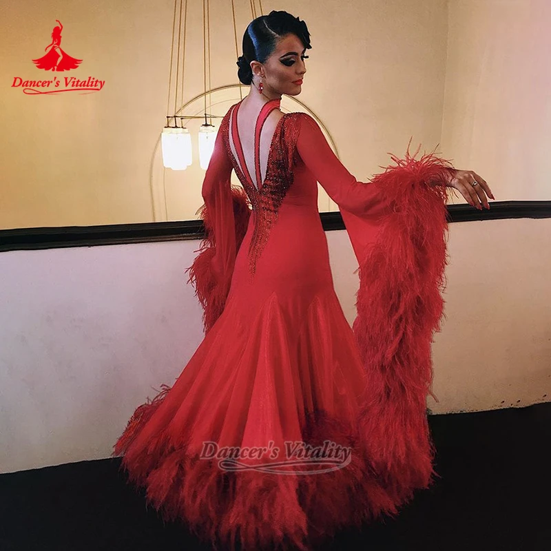 Mesh Splicing Social Dance Feather Style Dress Customized Adult Waltz Tango Foxtrot Flared Long Sleeves Attire Dancer's Vitality