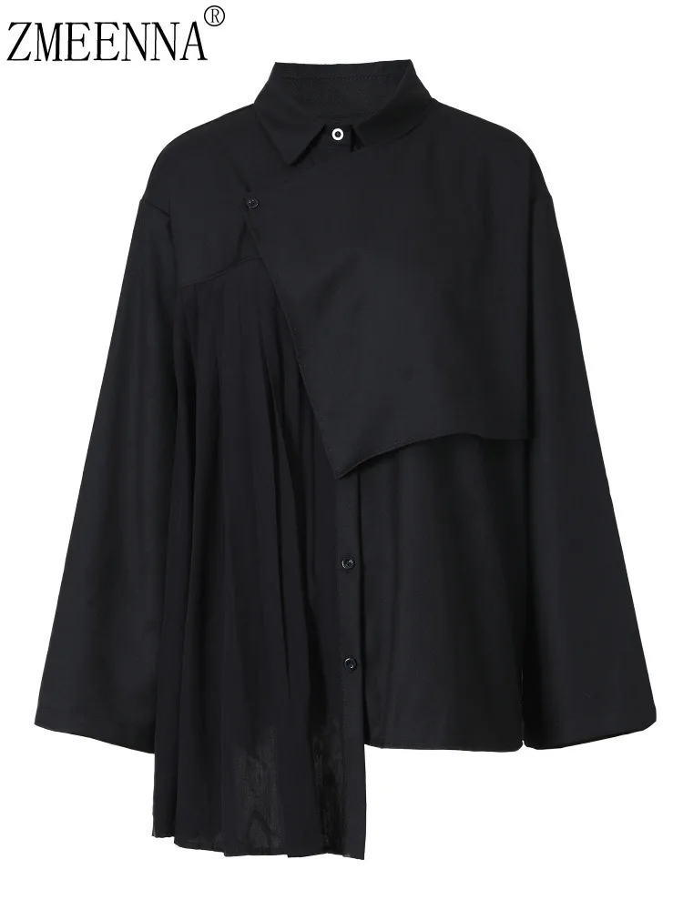 

ZMEENNA Women's Black Irregular Pleated Shirt With Lapel Collar Long Sleeve Loose Fit Top Fashionable Stylish Blouse ZM760