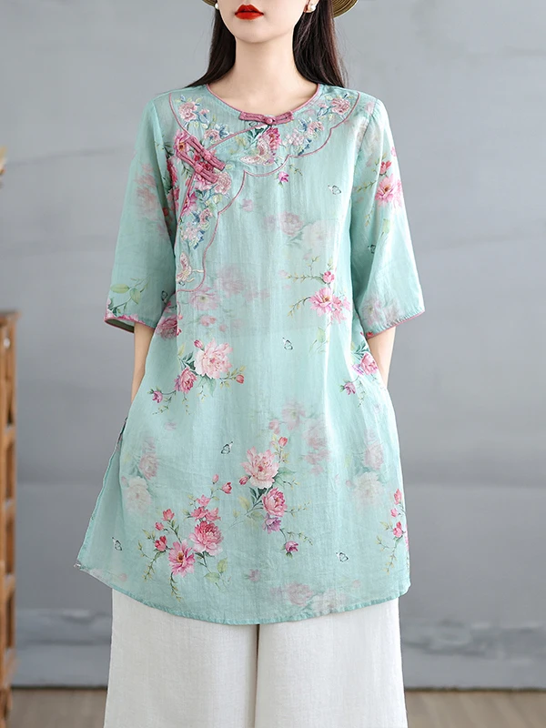 

Хлопково-льняной топ средней длины с вышивкой в стиле ретро, женский летний новый китайский льняной топ средней длины с тяжелой вышивкой