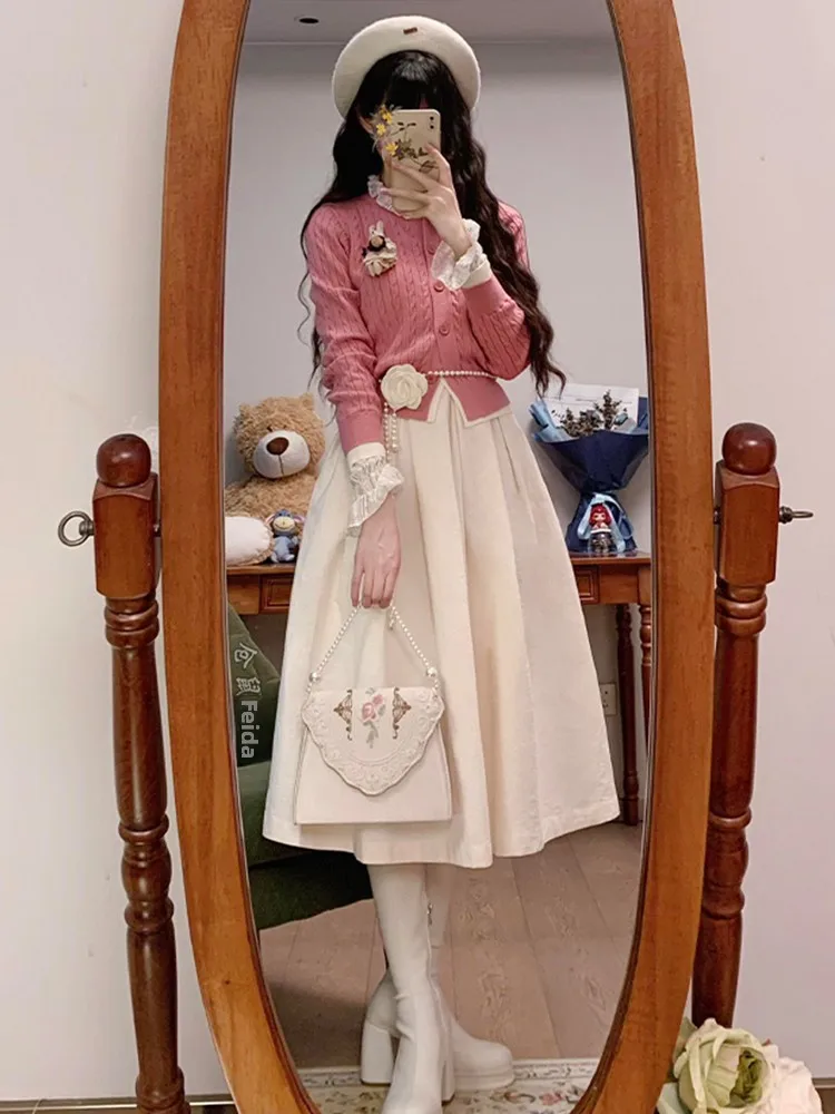 핑크 니트 롱 드레스 세트 여성용 2025년 초가을 신상 한국 스타일 분위기 있는 의류 A라인 스커트 스윗 퓨어 컬러