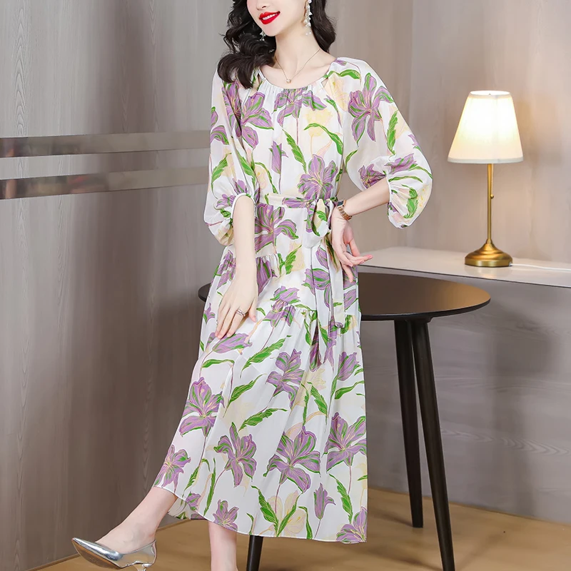 2023 New Fashion Silk Printed Dress Women's Summer Round Neck Fragmented Flowers 3/4 Sleeve Loose Fit Casual Holiday Dress