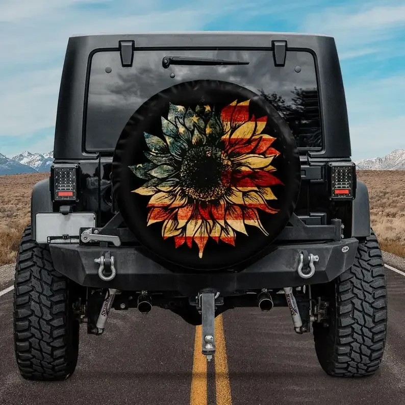 Sunflower American Flag Hippie Christmas Gift, SUV Tire Cover, Spare Tire Cover For Car, Personalized Camper Tire Cover,