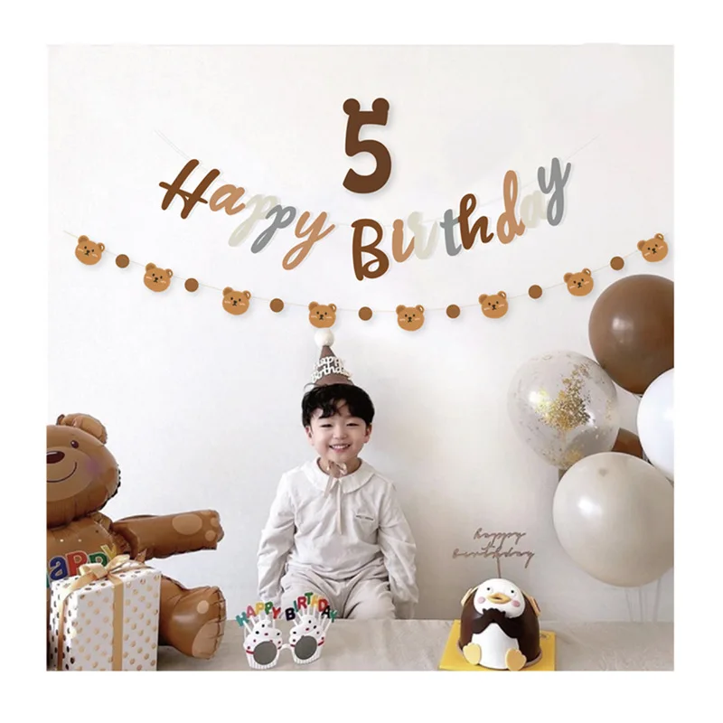 Brown Little Bear Themed Happy Birthday Banner Cute Bear Paper Bunting Garland Hanging for Bear Kids Baby Shower Birthday Decor