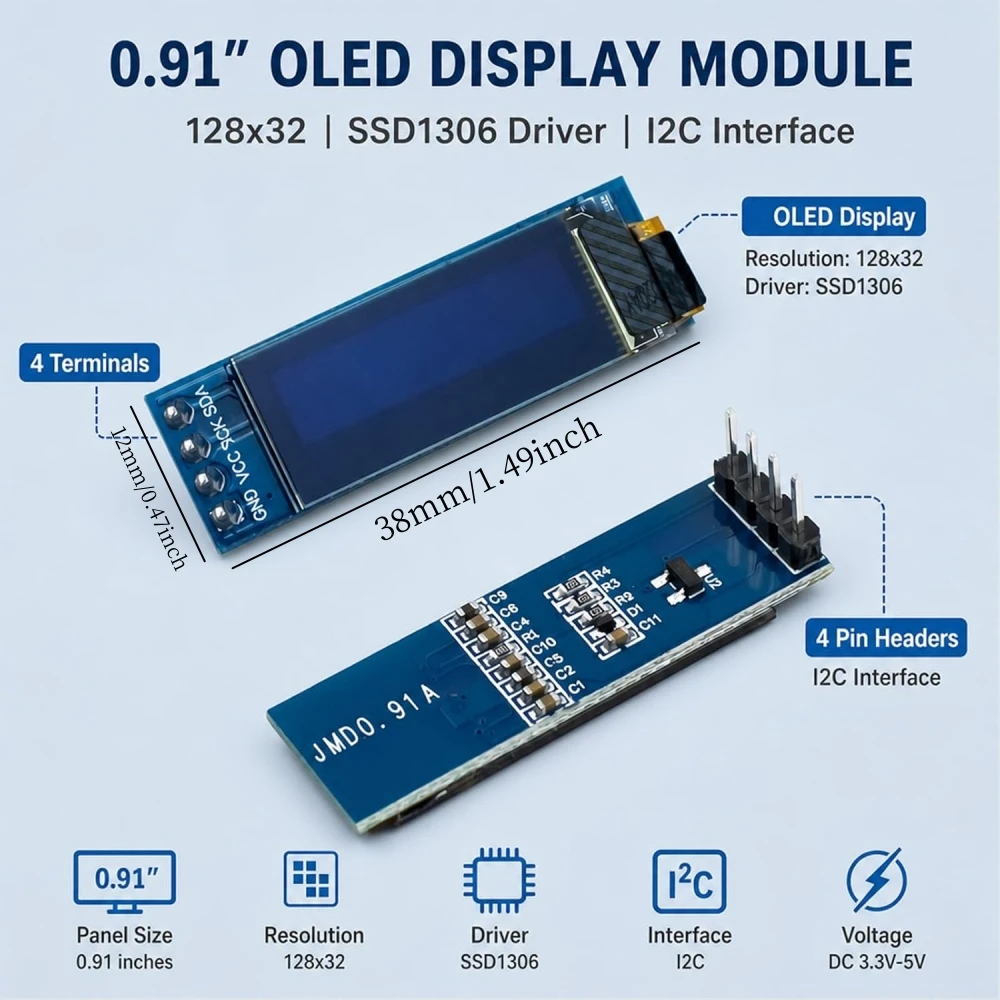 OLED Display Module 0.91 Inch I2C IIC Screen 128x32 SSD1306 Driver Compatible Microcontroller Single Board Computer ESP32