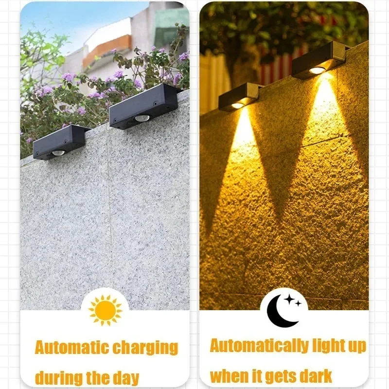 Imagem -02 - Impermeável Led Solar Wall Light Lâmpada de Jardim ao ar Livre Impermeável Sensor Automático Cerca Pátio Rua Decoração Paisagem Varanda