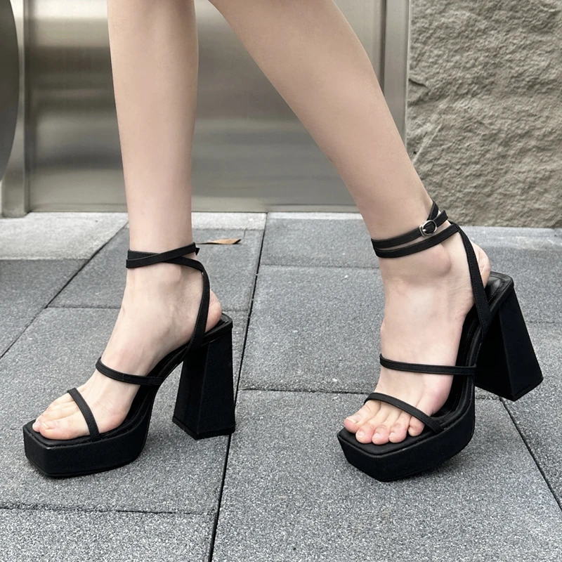 11cm Heeled Sandals Women Square Toe Belt Platform Shoes White Comfort Party Dress Shoes Summer Chunky Heels Sandalias Mujer image 4