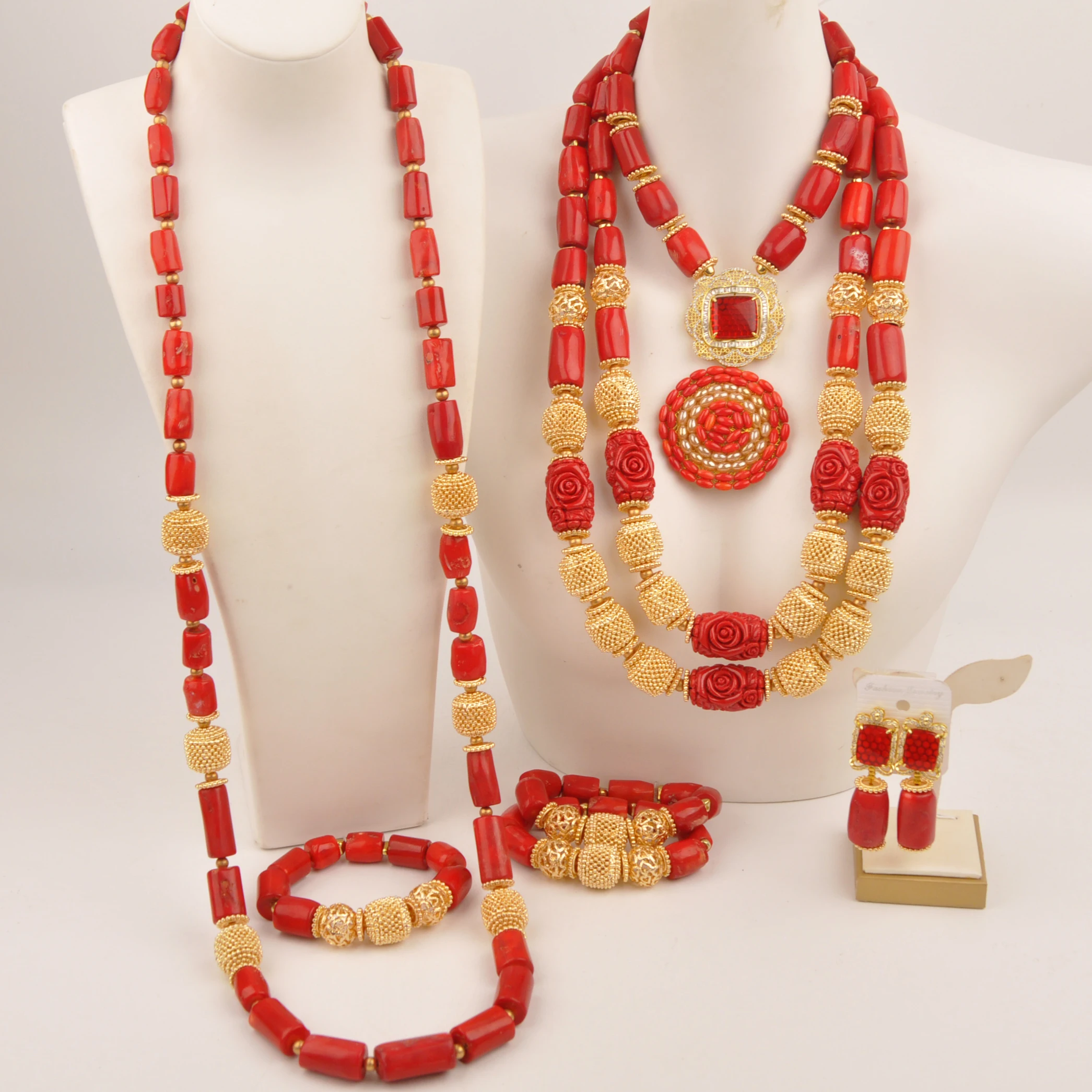 

African wedding beads red coral necklace jewelry set for couple