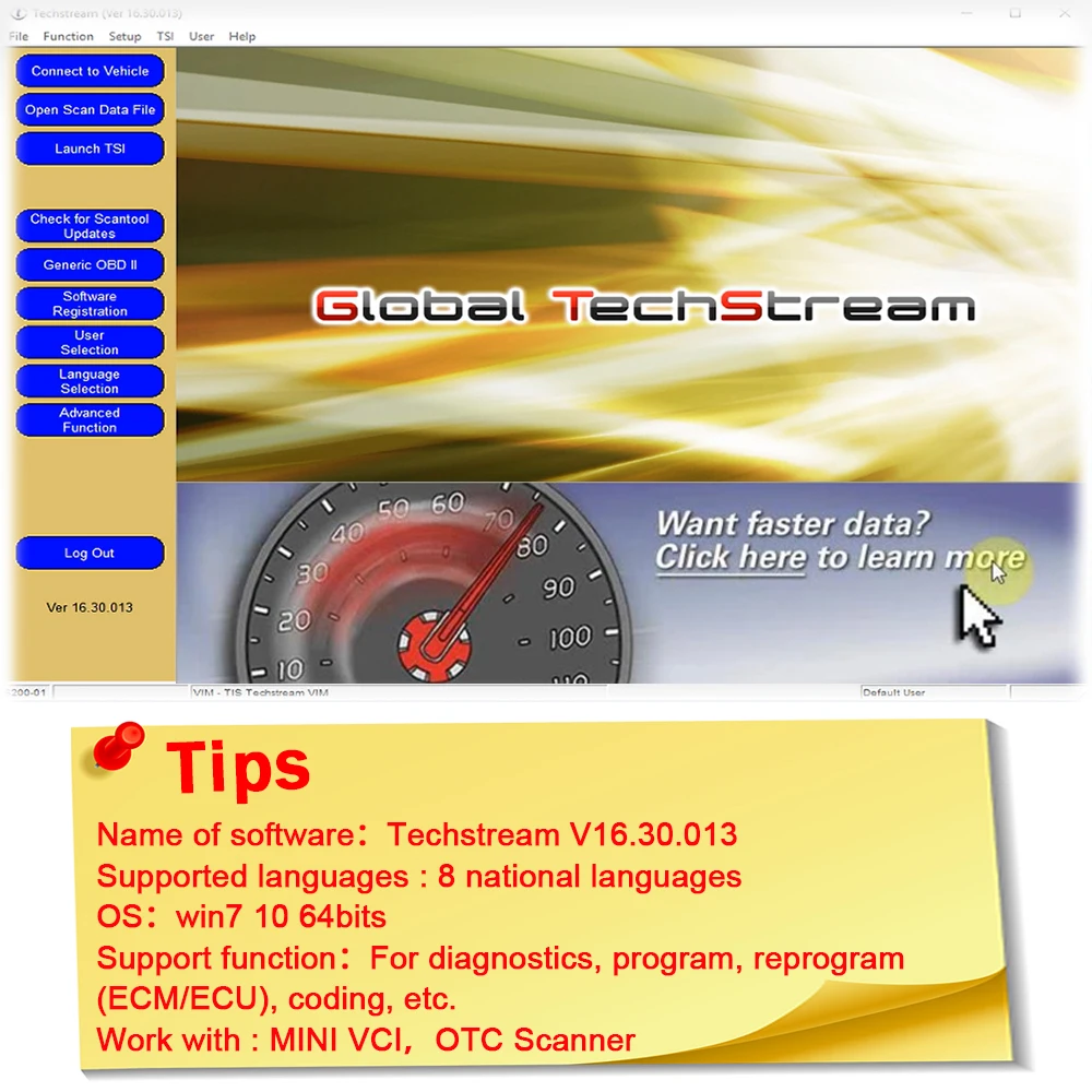 For Toyota Techstream V16.30.013 scanning software New ECM ECU mini vci reprogrammed diagnose programming reprogramming coding