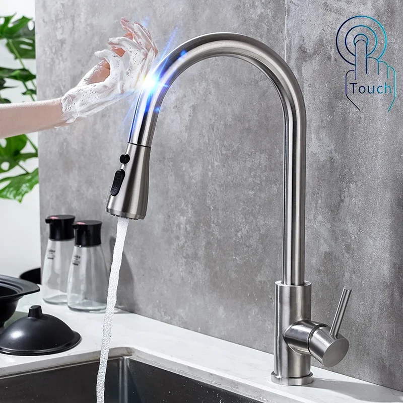 Touch Sensor Kitchen Faucets with Pull Down Sprayer, Senducs Pull Out Kitchen Mixer Tap Stainless Steel Touch Kitchen Faucets