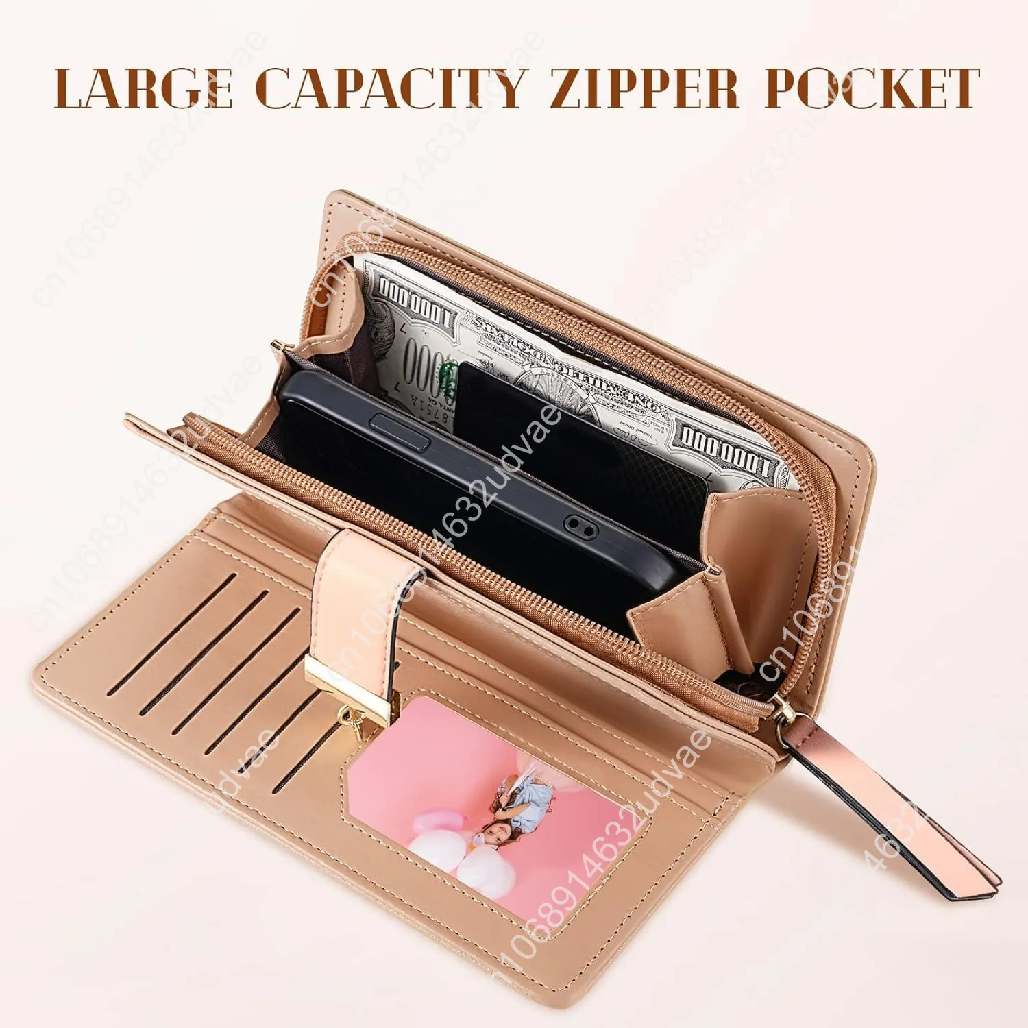 Women's Long Leaf Bifold Wallet Leather Card Holder Purse Zipper Buckle Elegant Clutch Wallet Handbag for Women - Pink