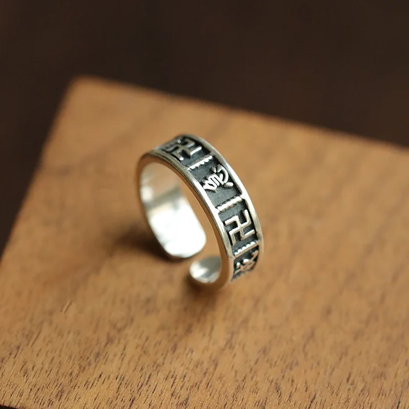 Retro Buddhist Six-Word Mantra Cross Symbol Adjustable Ring Religious Alternative Jewelry