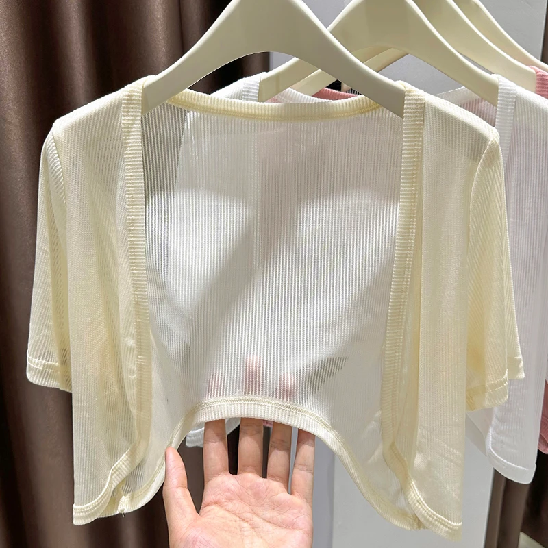 

White Lace Ice Silk Short Sleeve Open Cardigan Women's Summer Mesh Dress Outer Shawl Thin Hollow out Cover up Jacket
