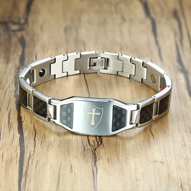 Carbon Fiber Magnetic Bracelet for Men Knights Templar Shield Cross Stainless Steel Bio Energy Therapy Male Pulseira