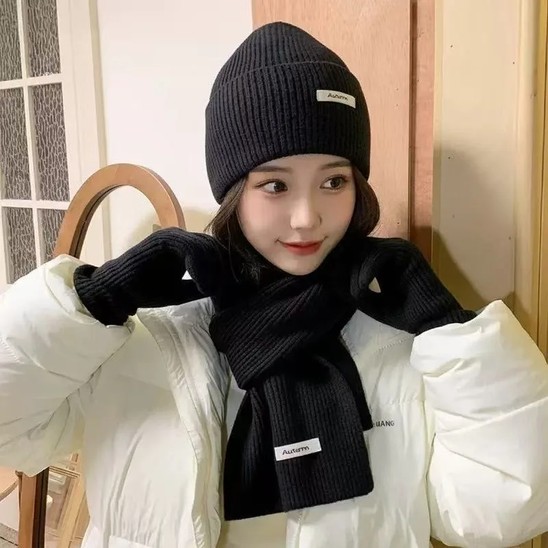 Winter Warm Knitted Hat Scarf Gloves Women's Windproof Adult Three-piece Set Scarves Solid Color Fashion Korean Hats for Women