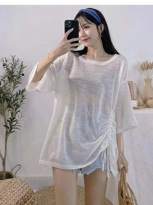 

Женская летняя футболка больших размеров из ледяного шелка, вязаная, свободного кроя, с эффектом похудения, модная, в корейском стиле