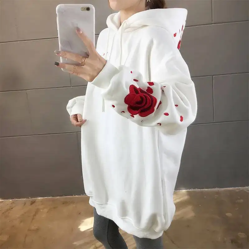 High Quality Autumn Winter Thicken Hoodie Chinese Style Crane Rose Embroidered Sweatshirt Oversized Warm Long Pullover Outwear