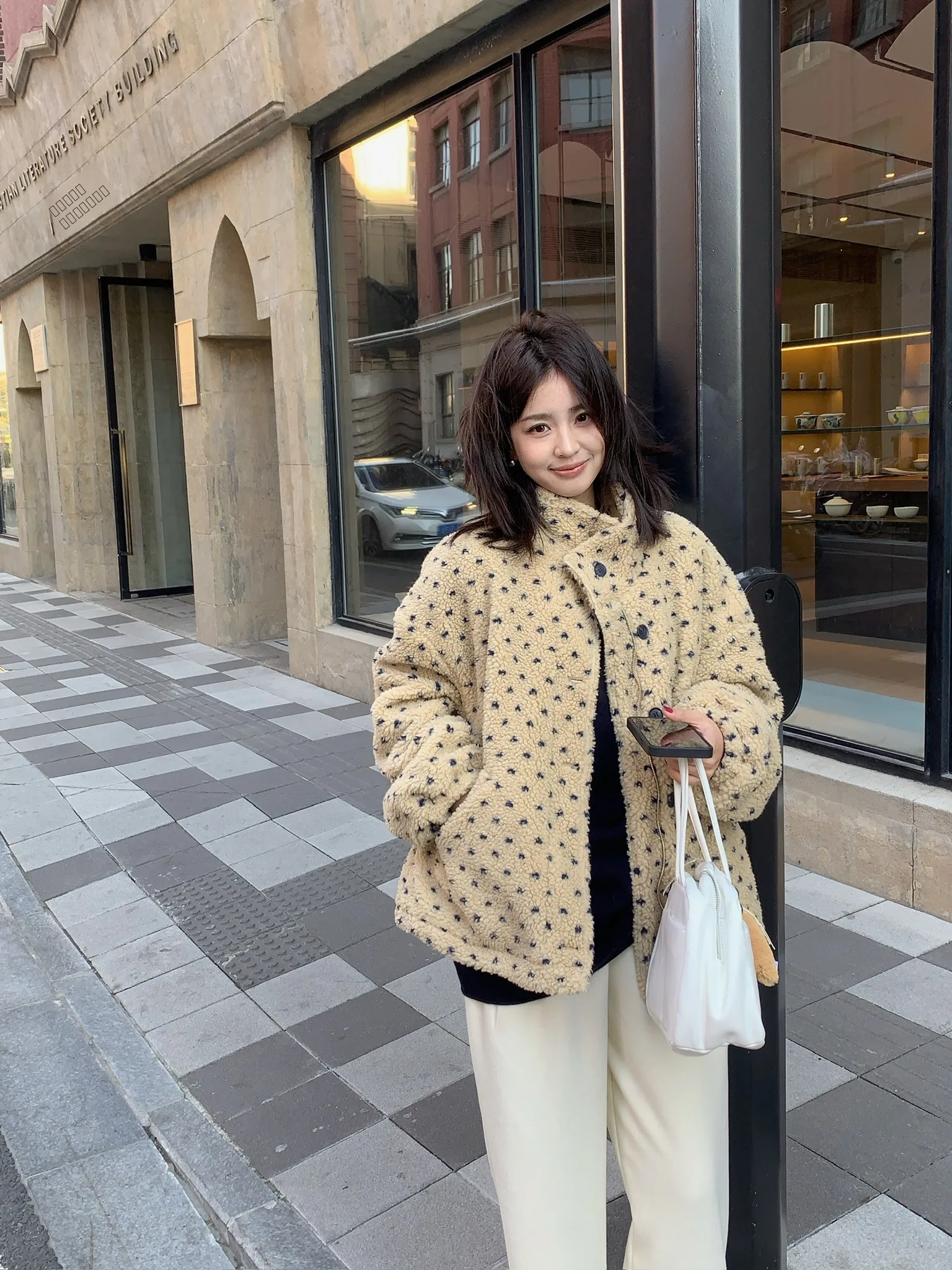 

Thiened Polka Dot Fce Wide Leg Casual All-Match Warm Autumn Winter Woolen Coat Button Sle Women's Long Sve Coat
