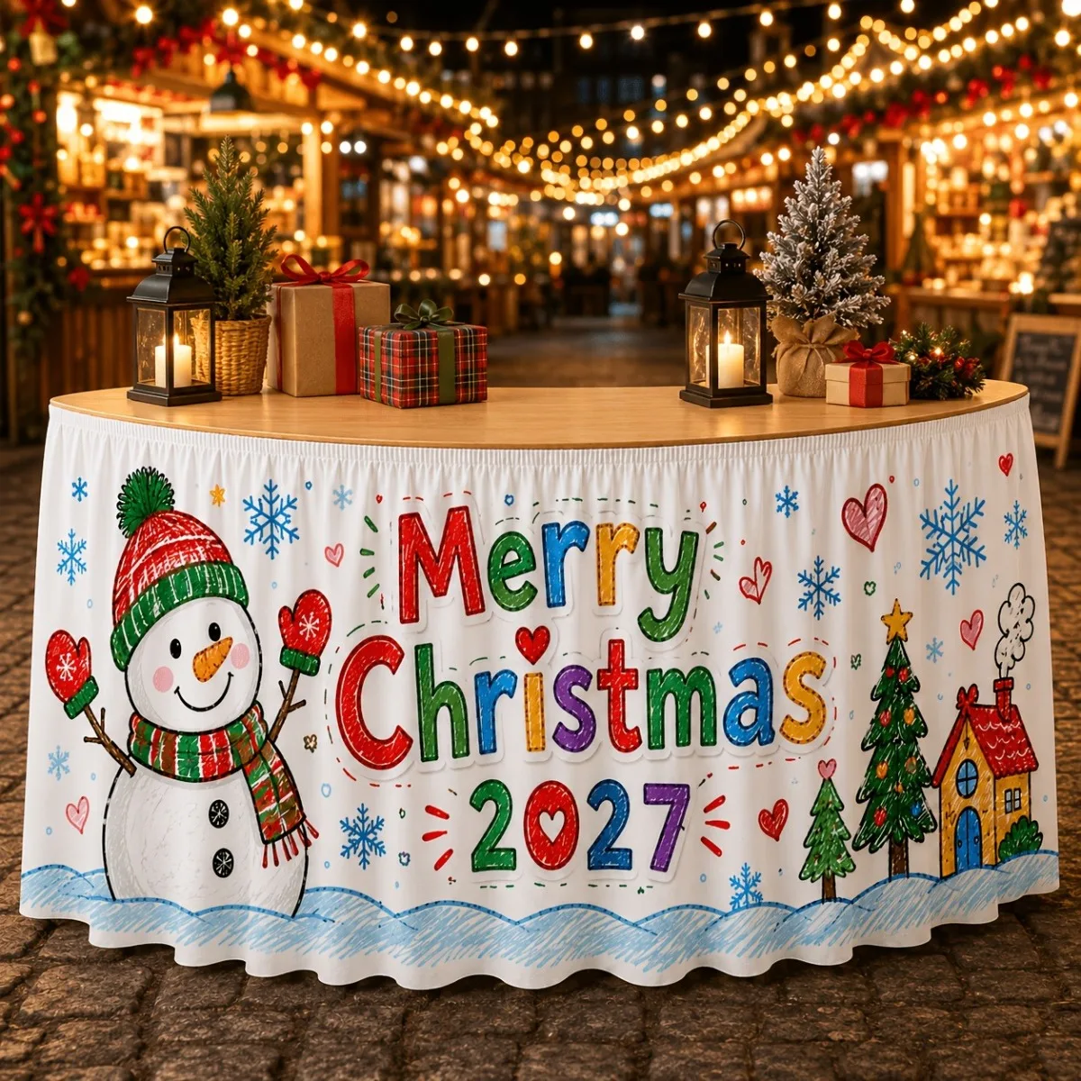 2027 Tablecloth, Cartoon Snowman Christmas Tree House Snowflake Heart Pattern Tablecloth, for Christmas Holidays