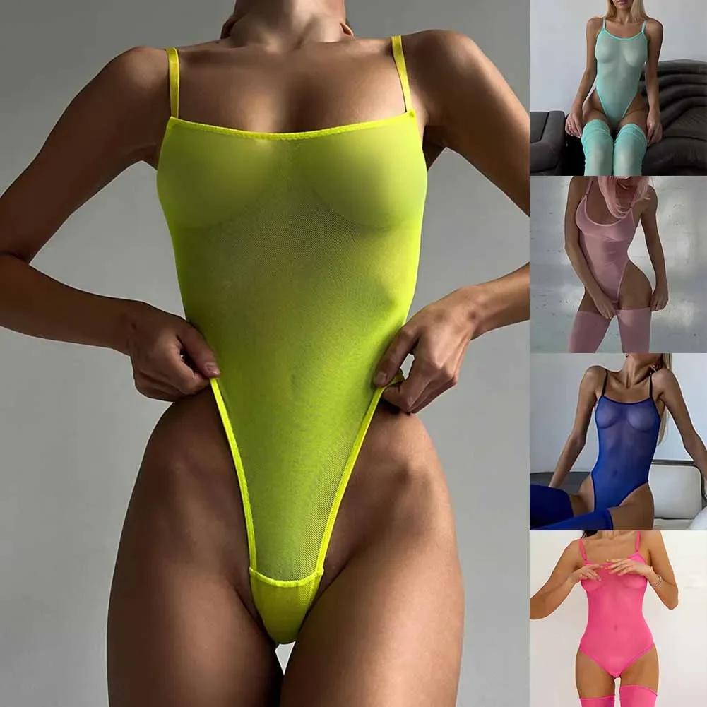 Womens Sexy Bodysuits Mesh See-Through Jumpsuit Suspenders Stockings Two-Piece Suit Ultrathin Swimsuit Trikini Underwear