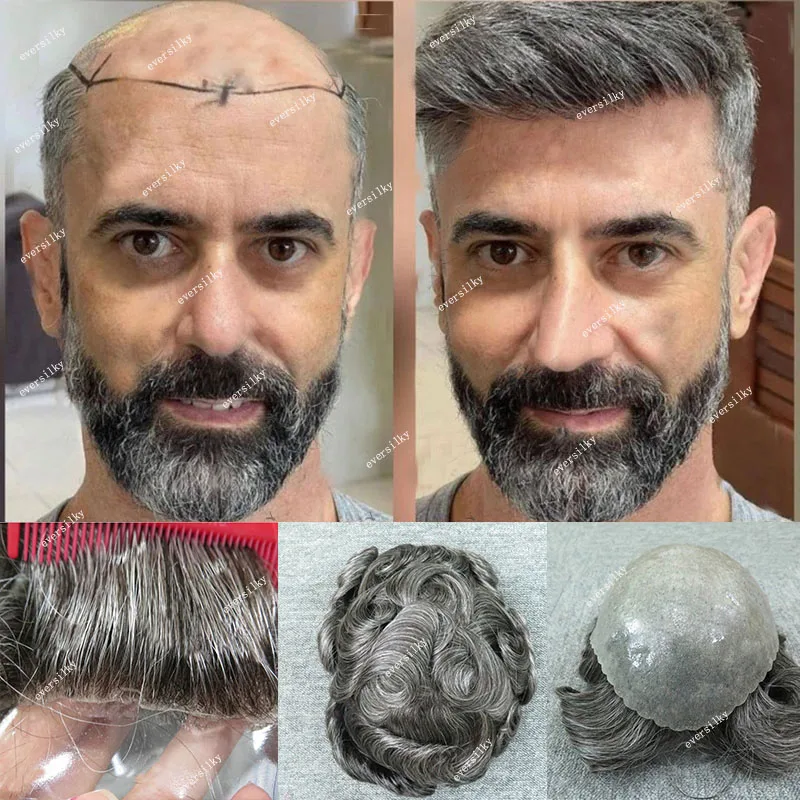 Single Knots PU Human Hair Mens Toupees Durable Thick Transparent Ultra Skin Capillary Prosthesis for Male 1B65 Grey Hair System